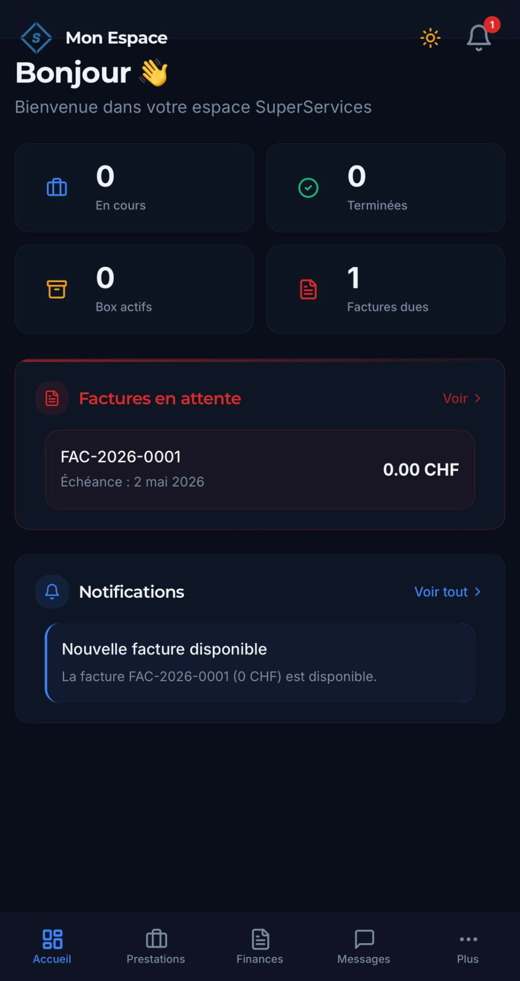 Aperçu de l'espace client SuperServices — suivi des demandes, factures et notifications